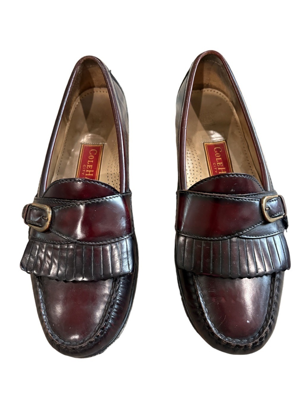 Cole Haan Burgundy and Black Leather Kiltie Loafers Size 9D. Classic preppy